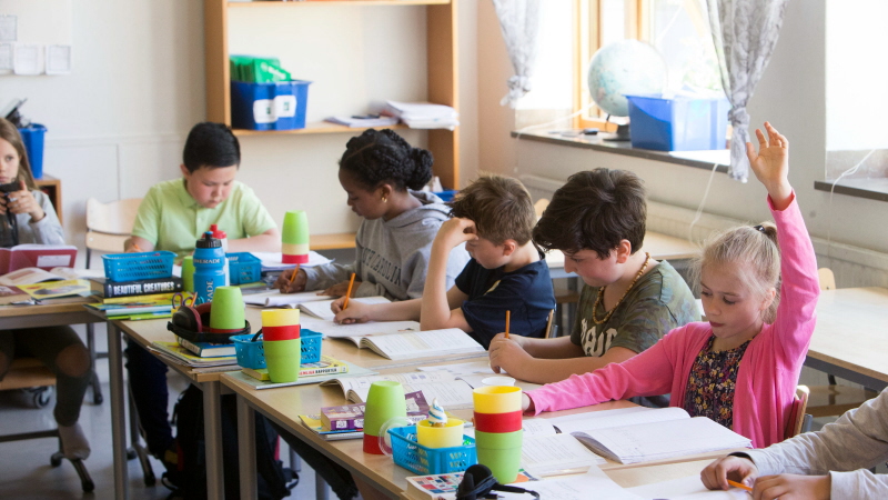Barn i runstensskolan, en flicka i rosa tröja räcker upp handen och hennes fyra klasskamrater sitter koncentrerade lutade över sina böcker.