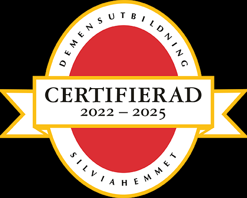 Silviahemmets symbol med orden Demensutbildning Silviahemmet Certifierad 2022-2025