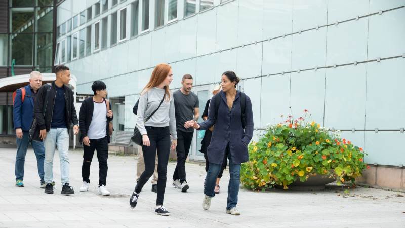 En grupp studenter som går utanför Stockholms universitet
