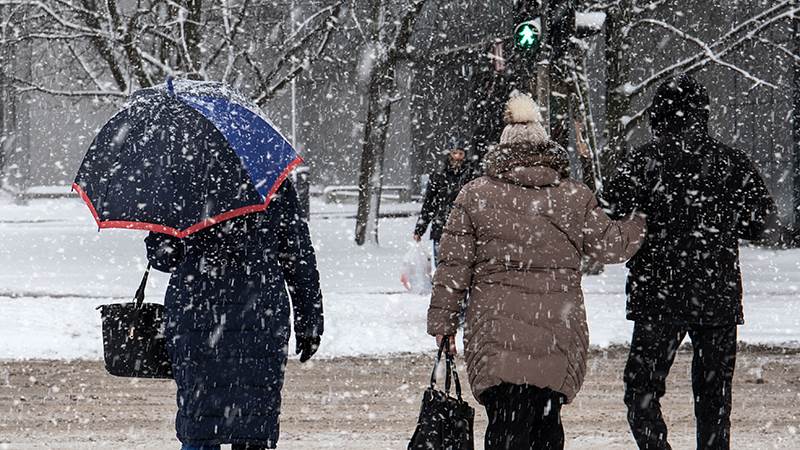 Människor vid övergångsställe i snöfall