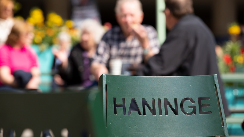 Grön Haningestol med människor i bakgrunden