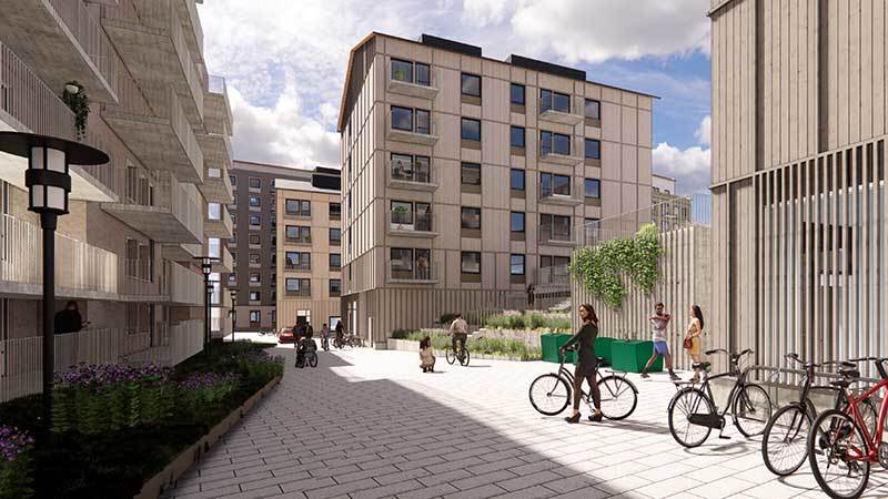 Kvarteret Spegeln, vy från Rudsjöterrassen. Illustration som visar kvarteret Spegeln med vy från Rudsjöterrassen.