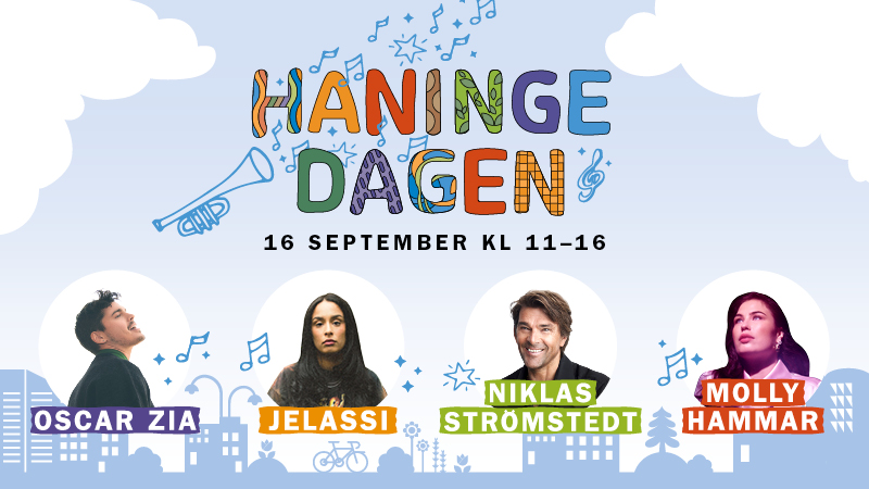Haningedagen 2023 med bilder på de medverkande artisterna Oscar Zia, Jelassi, Niklas Strömstedt och Molly Hammar.