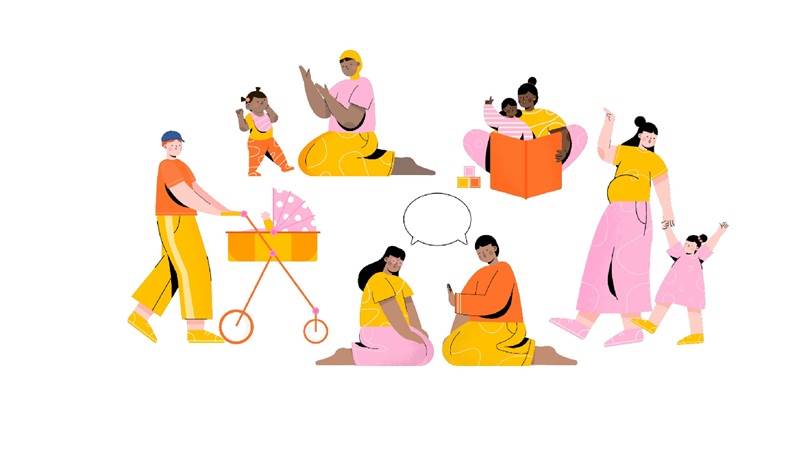 Familjecentralen för barn och föräldrar genom hela barndomen, illustration Albin Sehlberg. barn och föräldrar