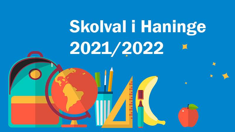 Skolval 2021 2022 Illustration för skolvalet med en ryggsäck, ett äpple och linjal.