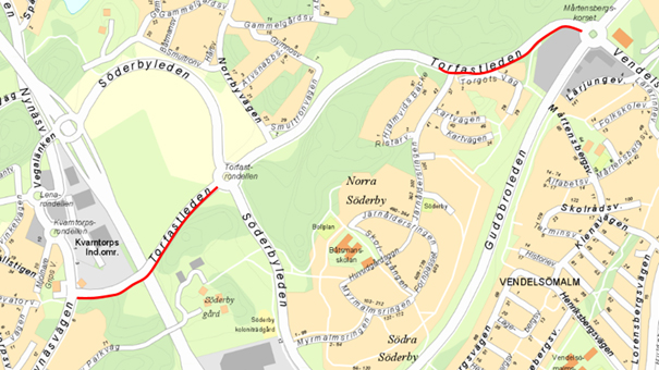 Kartbild som visar ut sträckor på Torfastleden där det kommer att byggas gång- och cykelbana
