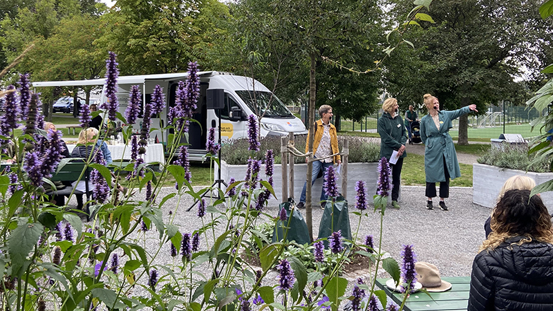 Personer skymtar fram bakom blommor