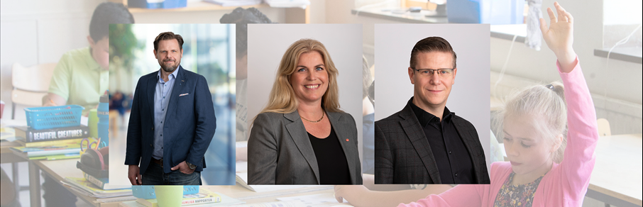 Tobias Hammarberg (L), ordförande grund- och förskolenämnden, Maria Fägersten (S), ordförande gymnasie- och vuxenutbildningsnämnden och Henrik Lindh, utbildningsdirektör. Bild på ordföringarna i nämnderna samt utbildningsdirektören.