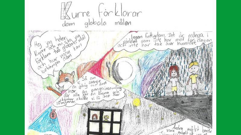 Bidraget till Natur & miljöbokens naturtävling från klass 5A, HagaLyckebyskolan Serieteckning där en ekorre berättar om hur man kan bekämpa globala mål