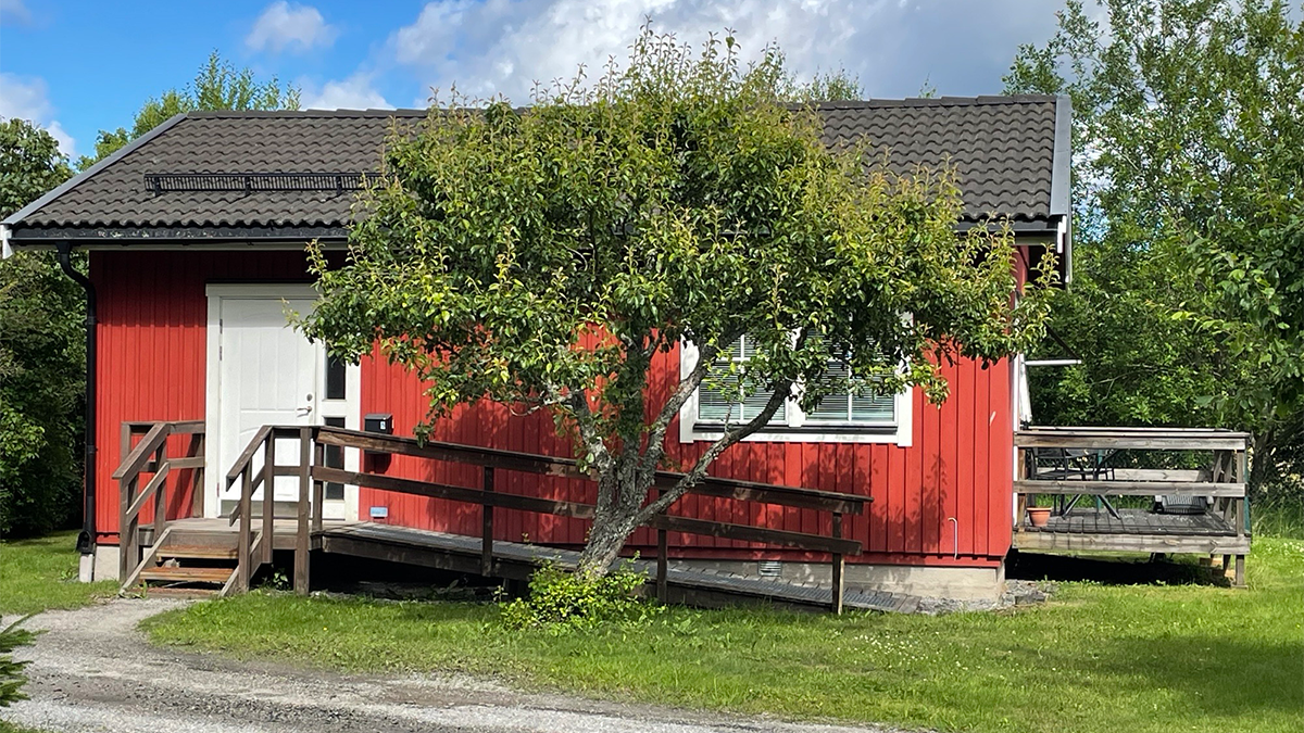 Ett rött hus med ett fruktträd framför. 