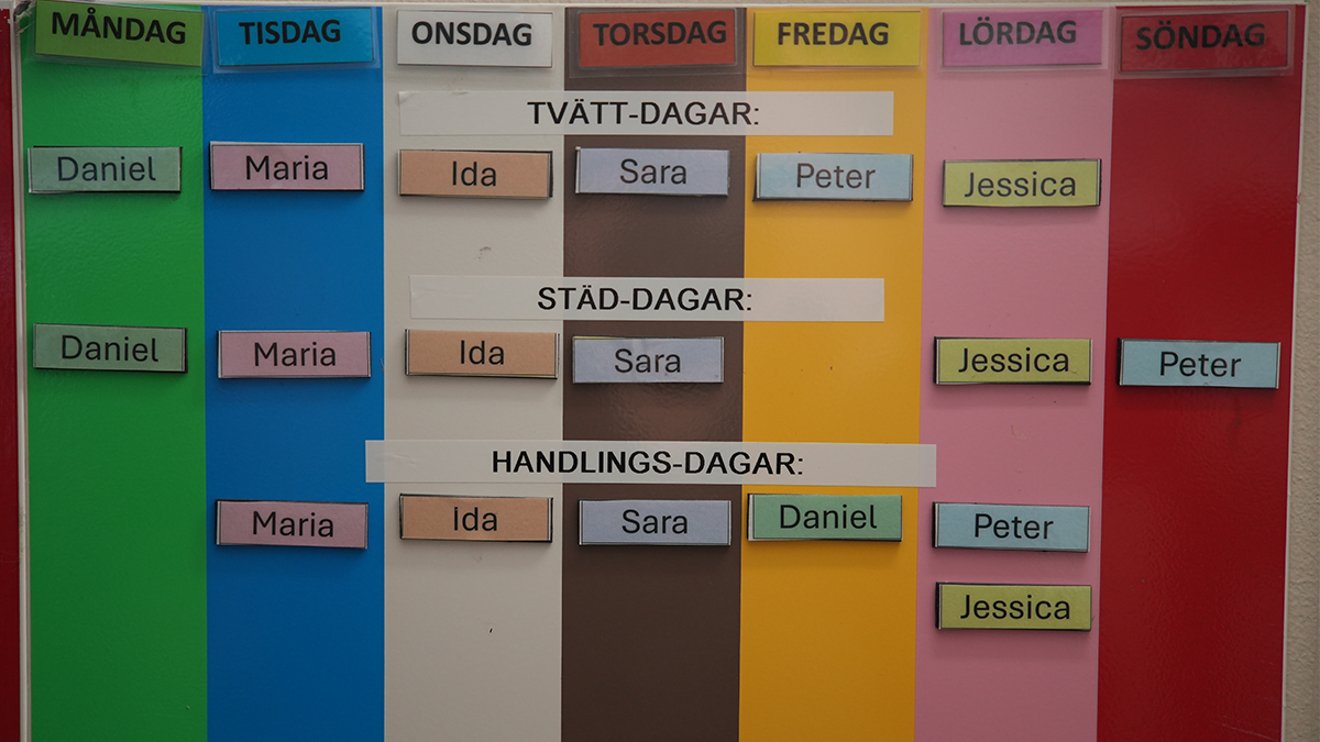 Ett schema för de som bor på Bokstigen. 