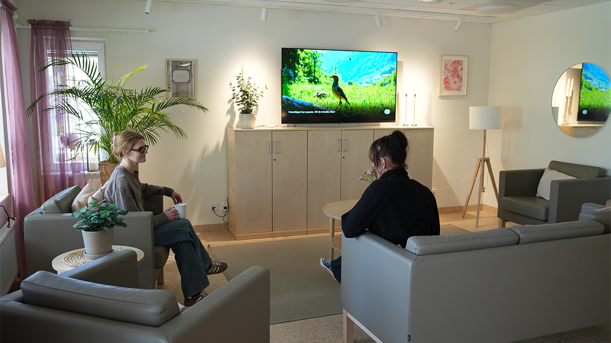 Två kvinnor talar i soffgrupp