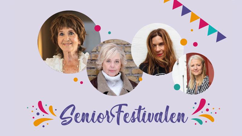 Bilder på några personer med lila bakgrund med texten Seniorfestivalen