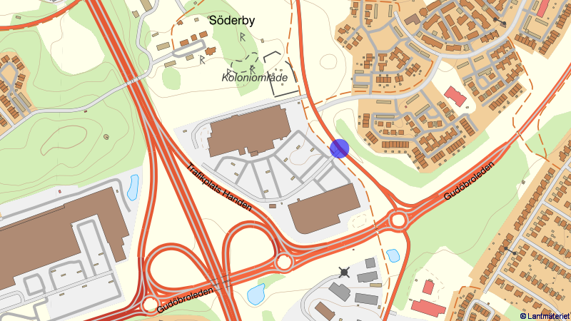 Cirkulationsplats Söderbyleden Karta som markerar ut vart den nya cirkulationsplatsen ska byggas på Söderbyleden i Haninge