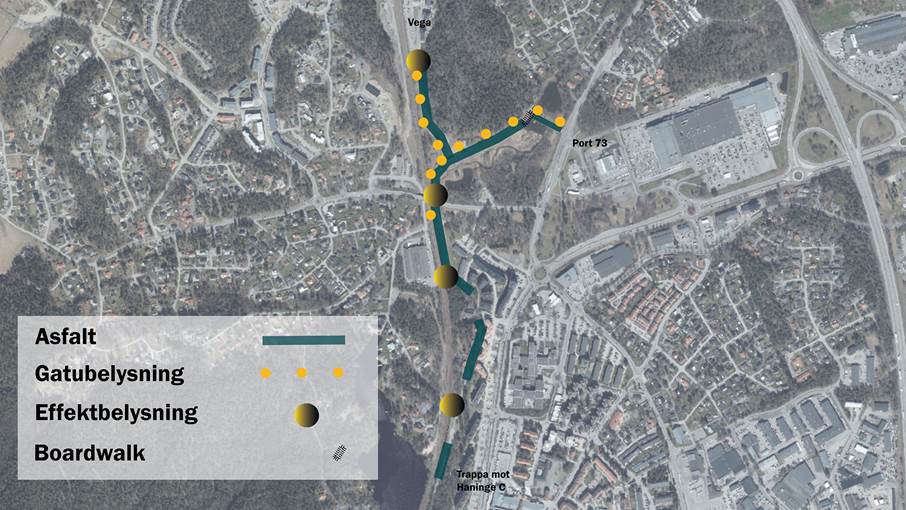 Planerade åtgärder längs gång- och cykelstråket mellan Handen och Vega Karta som visar ut vart planerade åtgärder som asfaltering och belysning planeras att genomföras