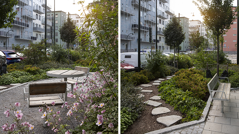 Kollage av två bilder som visar sittplats och gångplattor omgivet av blommor och grönska