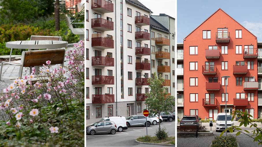 Fribordsgränds gröna stråk i Vega, Kvarteret Newton i Vega och Kvarteret Näckrosen i Jordbro är finalister till Haninge arkitekturpris 2025. Kollage med tre bilder som visar en blomstande park, husfasader i vitt och grönt samt husfasader i rött