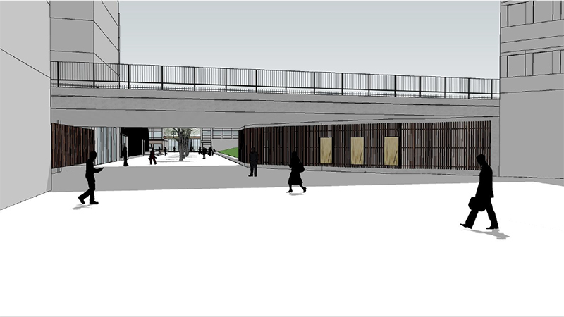 Skiss som visar träpanel i gångtunnel