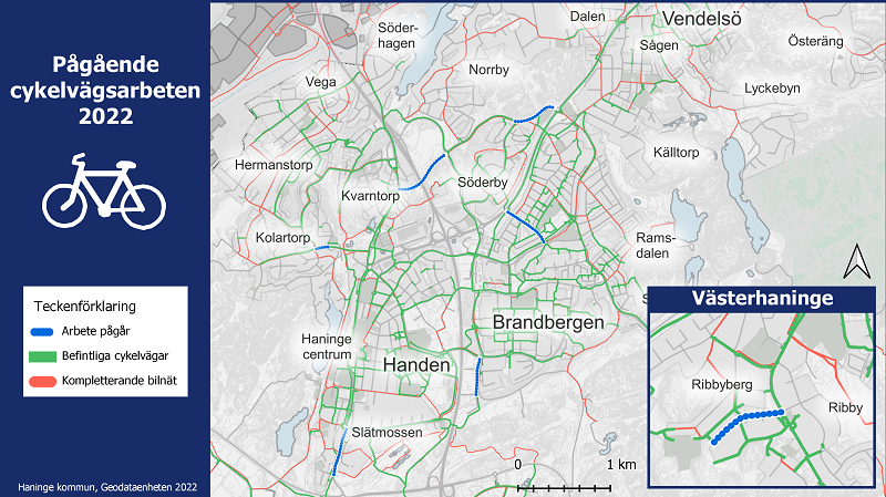 Karta över pågående arbeten med cykelvägar 2022.