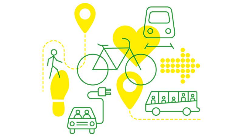 Vi reser smart-logotyp med illustrationer av cykel, buss, elbil, tåg
