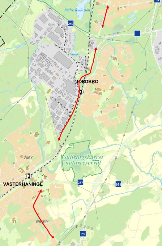 Kartvy över det regionala cykelstråket från Handen till Västerhaninge
