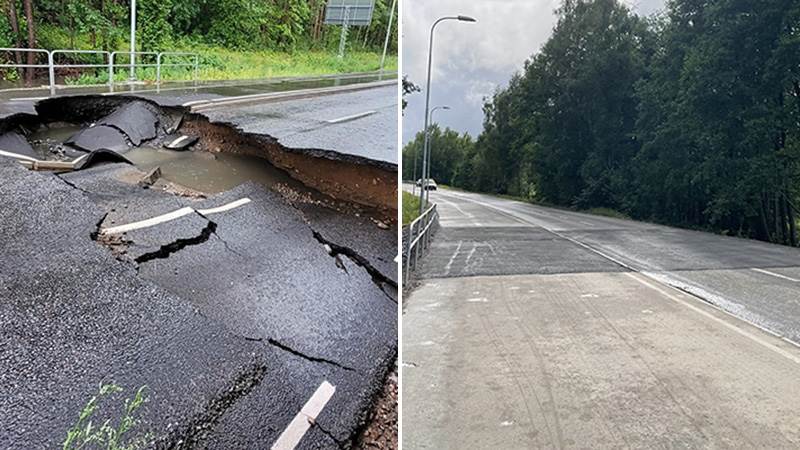 Bild som visar vägskadan på Torfastleden och efter att den har åtgärdats. Bild som visar före och efter vägskadan på Torfastleden