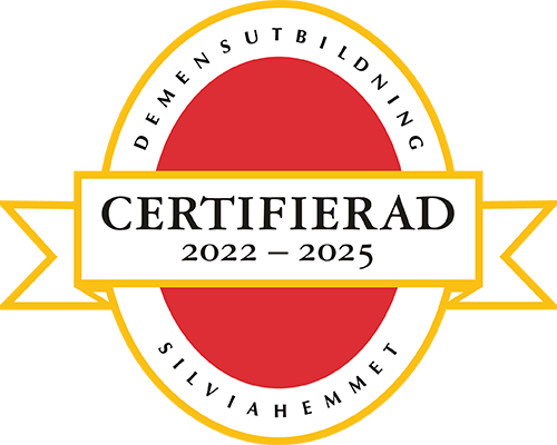 Gul och röd symbol med texten Demensutbildning Silviahemmet Certifierad 2022-2025