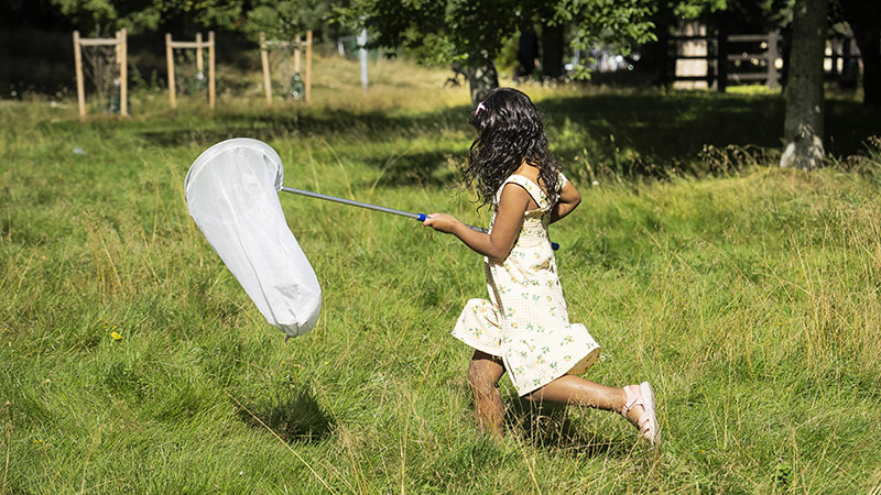 Flicka springer i högt gräs med en insektshåv i handen