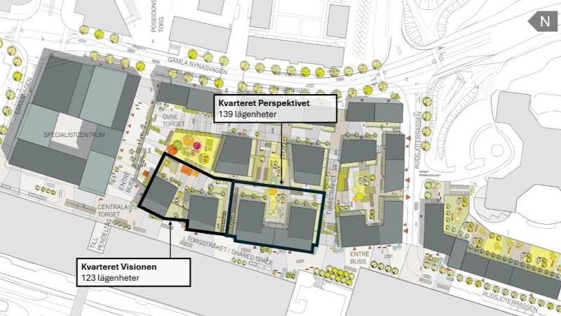 Byggstart för kvarteren Visionen och Perspektivet oktober 2025. Karta med de nya kvarten inritade.
