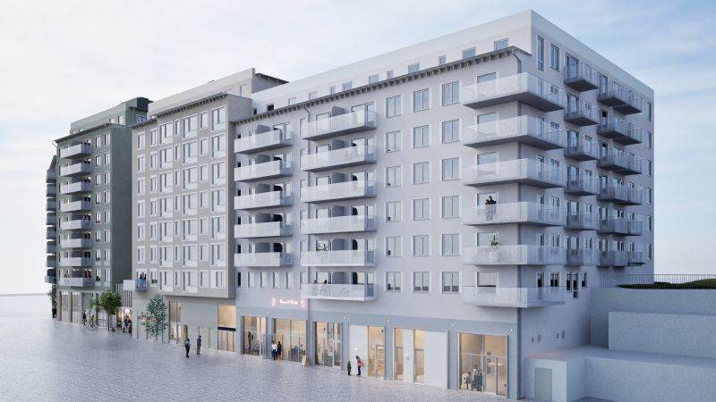 Gestaltningsbild över kvarteret Perspektivet. Gestaltning av tre tiovåningshus i  grå  toner.