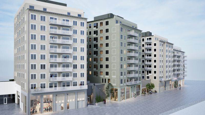Gestaltningsbild av kvarteret Visionen. Gestaltning av fyra bostadshus i ljus grå, grön och gul ton. Cirka 10 våningar med verksamheter i botten.