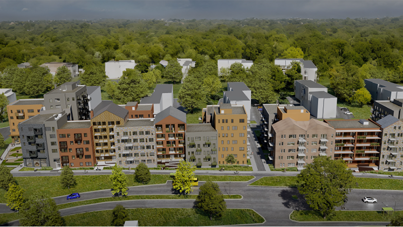 Visionsbild över ett bostadsområde med höghus. Längsmed höghusen löper en större trafikled.