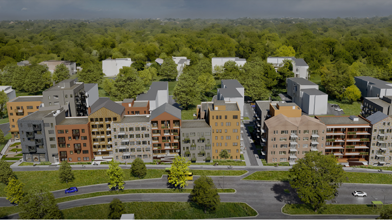 Åby entré. Visionsbild.  Visionsbild över ett bostadsområde med höghus. Längsmed höghusen löper en större trafikled.
