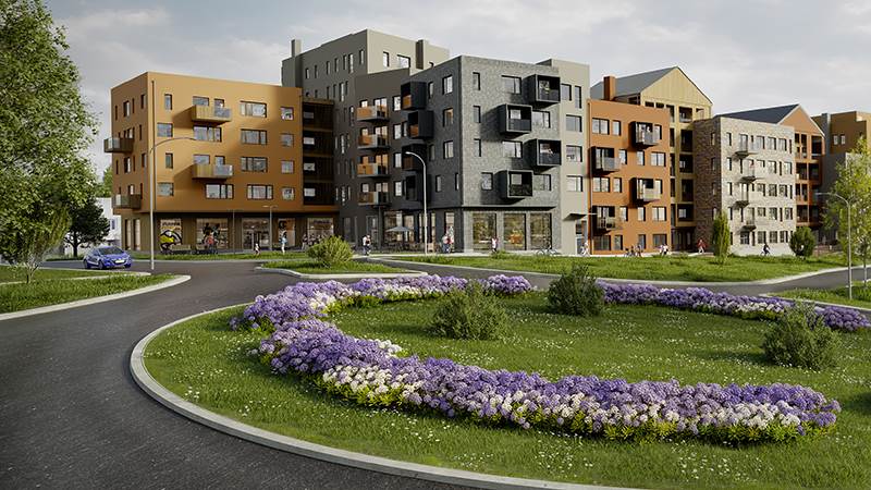 Visionsbild över Åby entré. Visionsbild med en cirkulationsplats i förgrunden och ett bostadsområde med höghus i bakgrunden.
