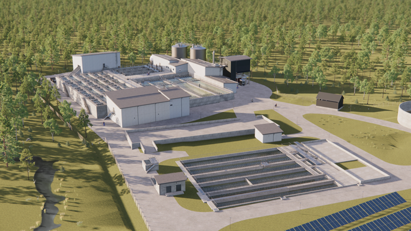 Illustration. Vy över Fors reningsverk med personalbyggnad, verkstad, förråd, solcellsanläggning och vattenbassänger.