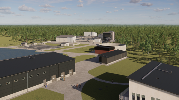 Illustration.  Personalbyggnader,verkstad och förråd. En eller två våningar höga byggnader i jordnära färger.