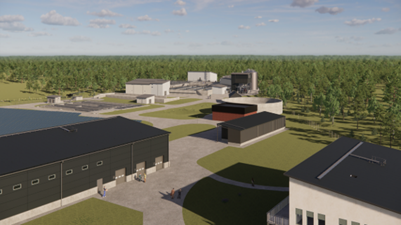 Visionsbild över personalbyggnad, verkstad och förråd. Illustration.  Personalbyggnader,verkstad och förråd. En eller två våningar höga byggnader i jordnära färger.