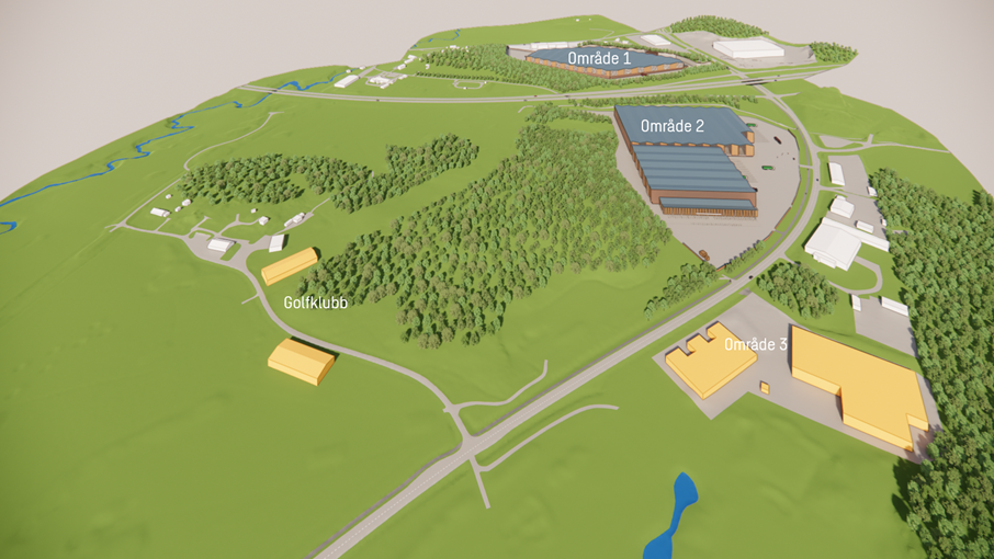 Visionsbild över Fors verksamhetsområde. De vita byggnaderna är befintliga. Övriga byggnader i färg är de som möjliggörs av detaljplanen. Visionsbild över Fors verksamhetsområde.