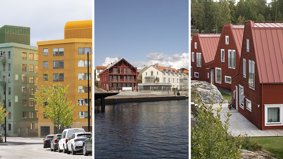 Kollagebild med olika hus - gröna och gula höghus, vita och röda bostadshus vid Dalarö brygga och röda trävillor på rad.