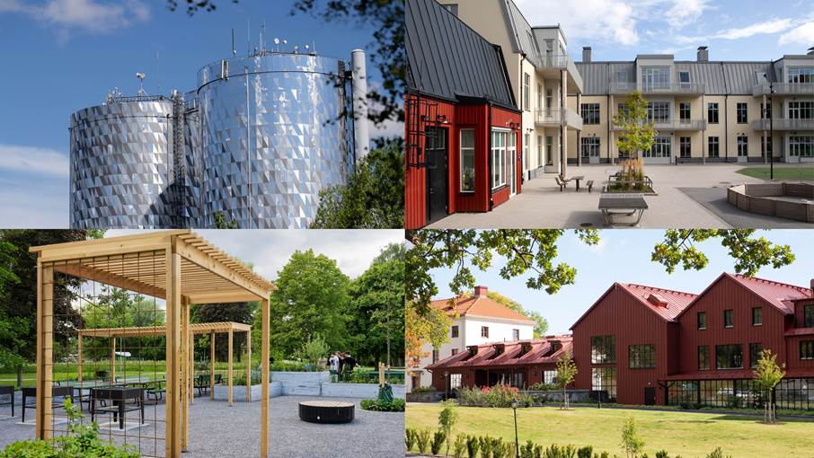 Några tidiga vinnare till Haninge arkitekturpris: Vattentornen i Handen, Lillgårdsskolan i Tungelsta, Köksträdgården i Jordbro och Smådalarögård. Fotokollage som visar några tidiga vinnare av Haninge arkitekturpris: Vattentornen i Handen, Lillgårdsskolan i Tungelsta, Köksträdgården i Jordbro och Smådalarögård