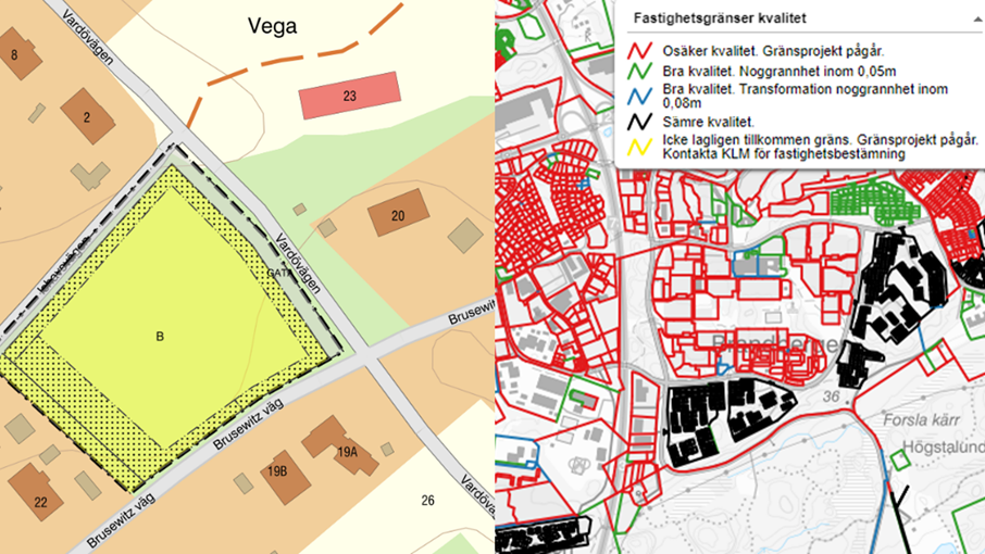 Bild till vänster är exempel på digitaliserad detaljplan. Bild till höger är exempel på det nya gränssnittet i WebbGIS. Karta över Vega och Handen.
