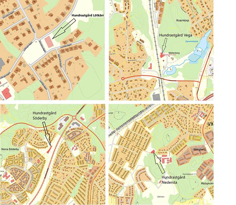 Karta som visar den nya placeringen för hundrastgården i Lötkärr samt placeringen för hundrastgårdarna i Söderby, Nedersta och Vega.