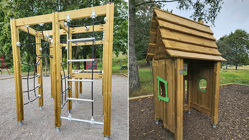 Brandbergsparkens lekplats Mindre klätterställning och lekhus i trä