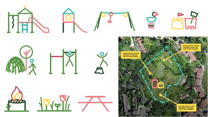 Exempel på illustrationer i Nyfiken parks manér illustrationer i form av grillplats, klätterställning och andra delar som kan inrymmas i en park eller på en lekplats
