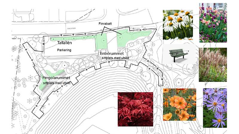 Vid Eskilsvägen skapas en "park i parken" med härlig blomsterprakt och sköna sittplatser Kartskiss som visar planerna för ombyggnation av entréerna till Eskilsparken från Eskilsvägen