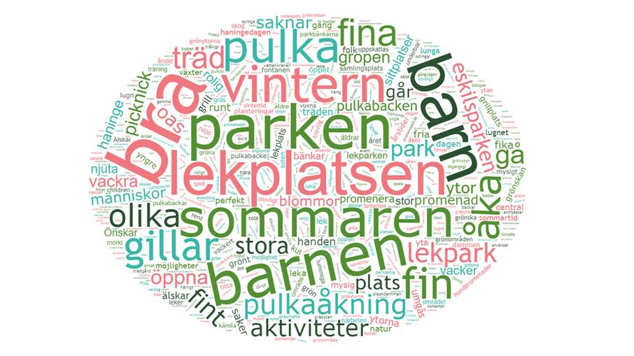 Ett ordmoln som visar ut ord som lekplatsen, barnen, bra, sommaren, vintern och pulka som de viktigaste värdeorden i form av styrkor och kvaliteter för Eskilsparken