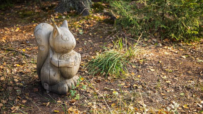 Träfigur i form av en ekorre i skogen