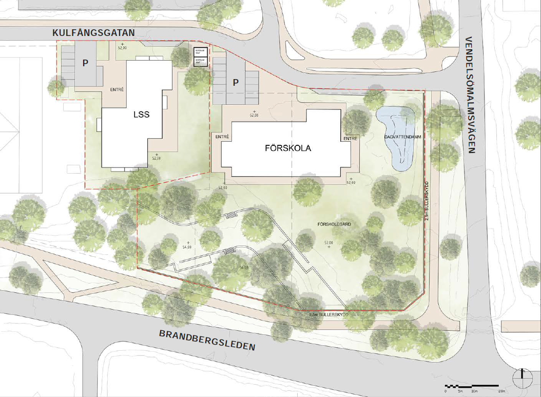 Situationsplan över planerad förskola och LSS-boende med gård, parkering och grönområden.