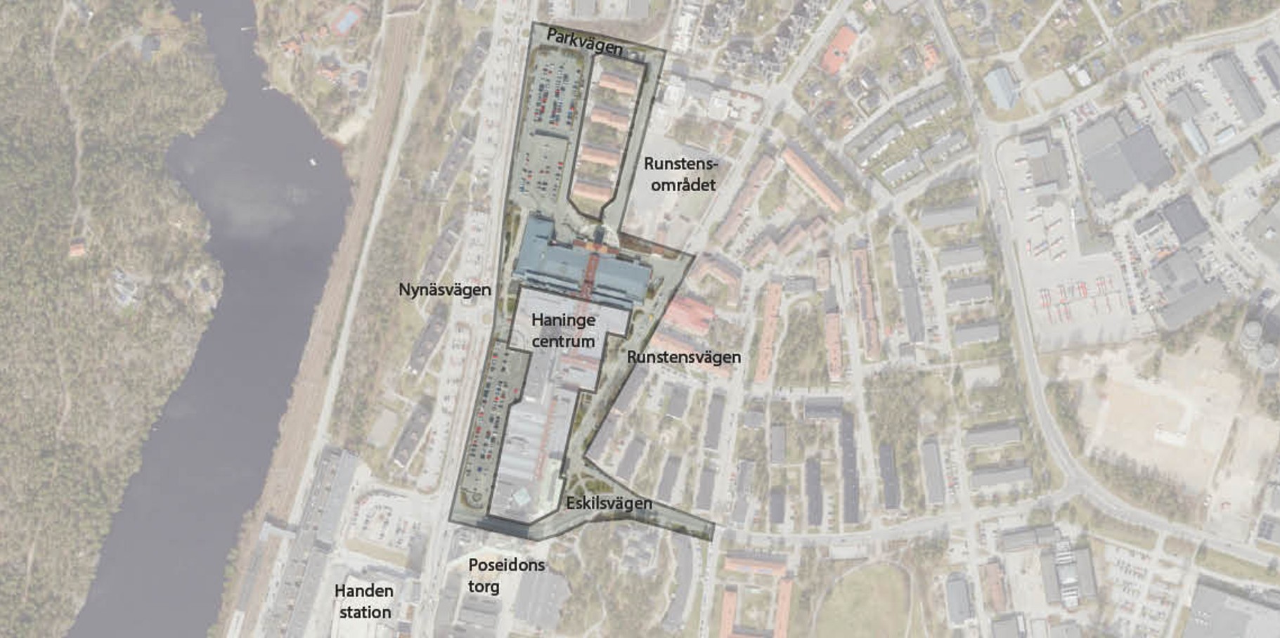 Flygbild där planområdet är markerat.