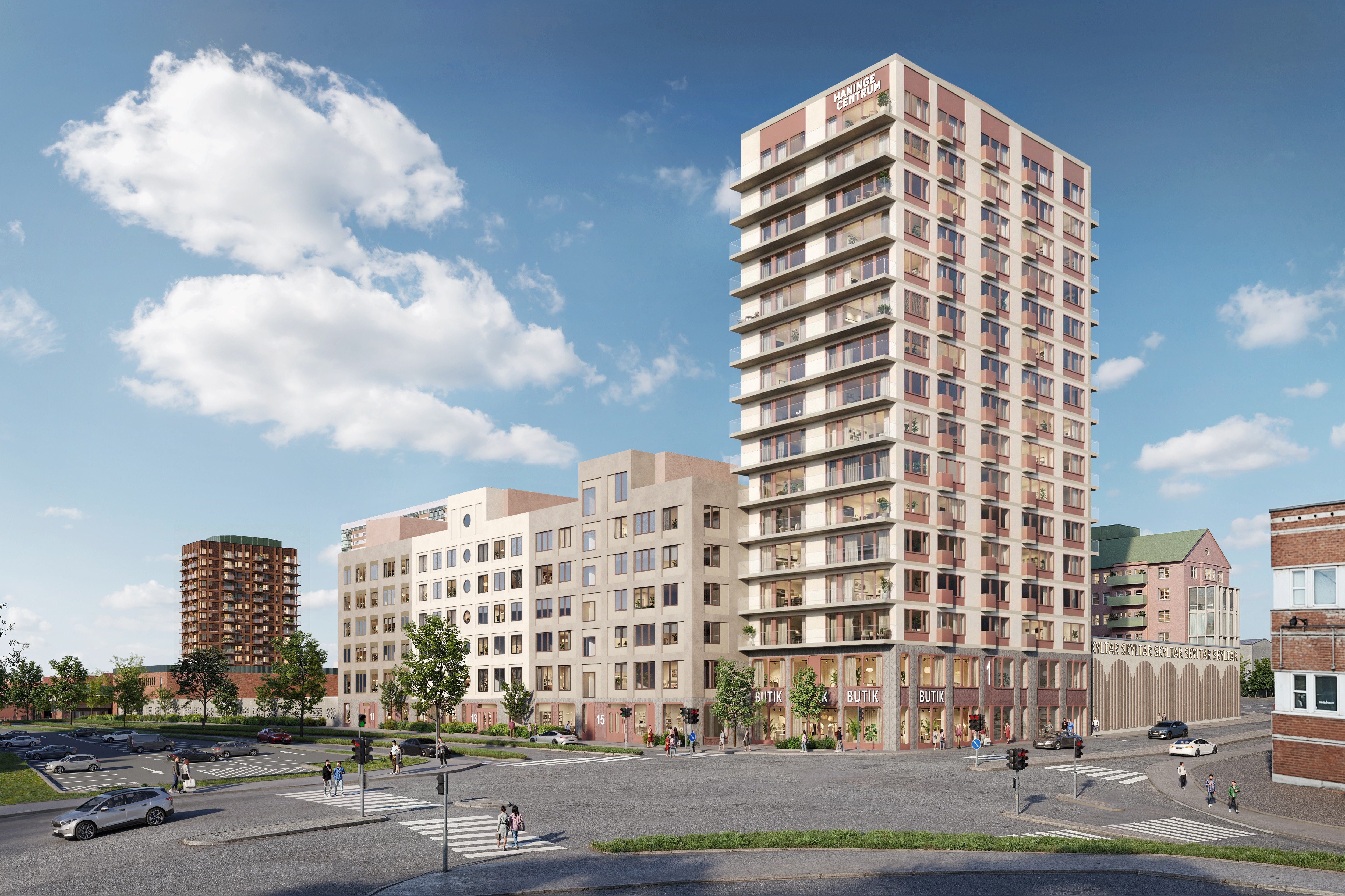 Visionsbild som visar det nya bostadskvarteret på centrumparkeringen i söder. På bilden syns ett högre bostadshus med lägre huskroppar bredvid. 
